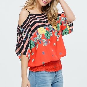 Tops - Off Shoulder Floral and Stripe Woven Top Tops - Off Shoulder Floral and Stripe Woven Top